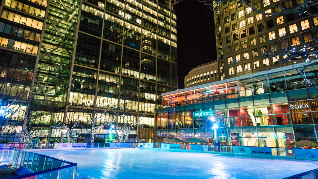 Canary Wharf ice rink lit up with fairy lights