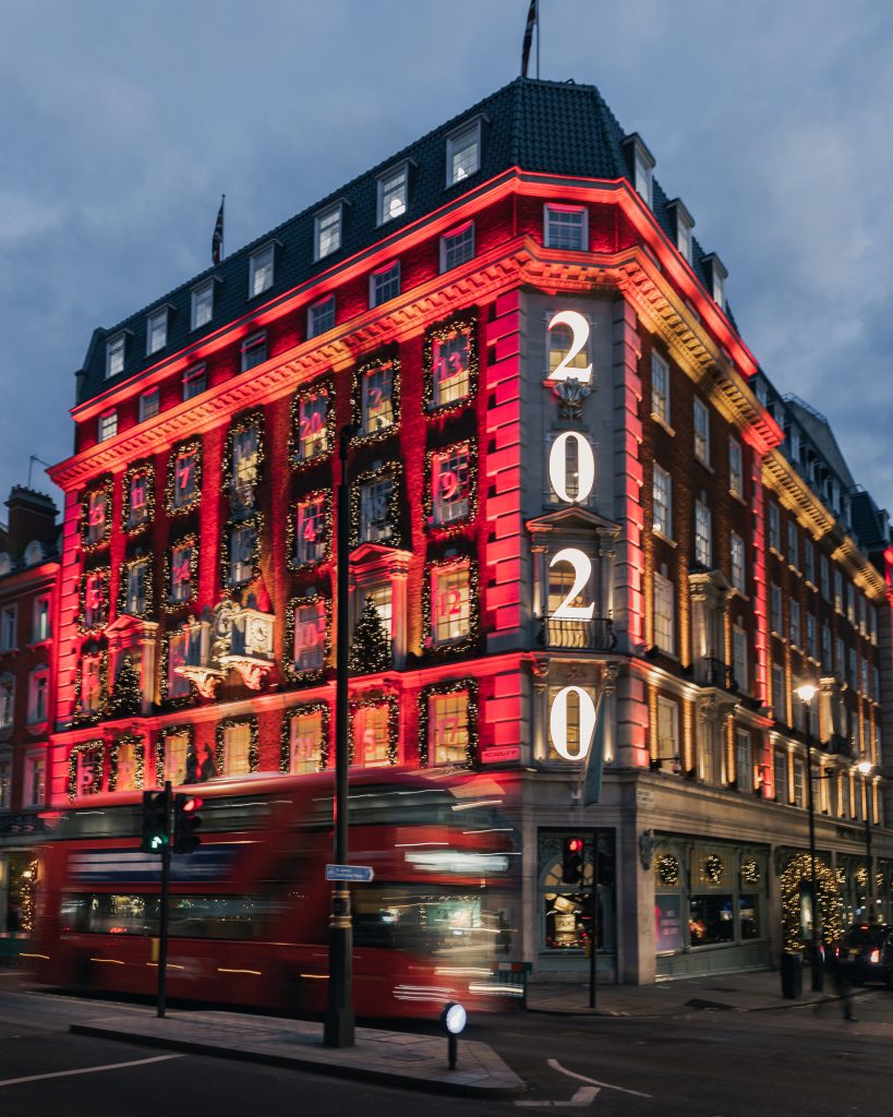 Advent calendar facade and Christmas decor at Fortnum & Mason, London 2024