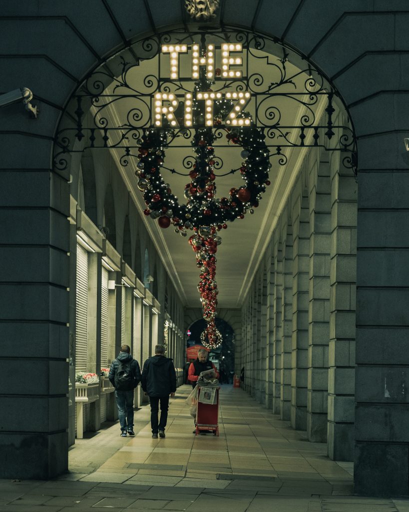 Elegant wreaths and Christmas lights at The Ritz London, 2024