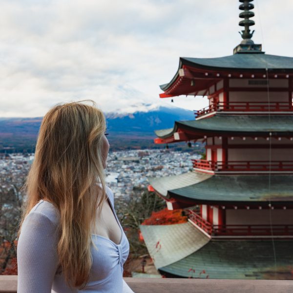 Sunrise at Chureito Pagoda with Mount Fuji in the background