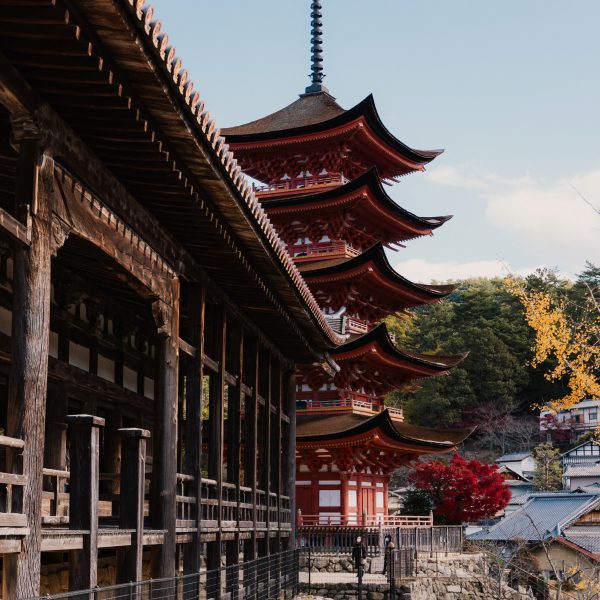 The iconic floating Torii gate of Itsukushima Shrine on Miyajima Island. day trips from Osaka