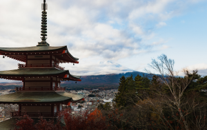 Sunrise at Chureito Pagoda with Mount Fuji in the background