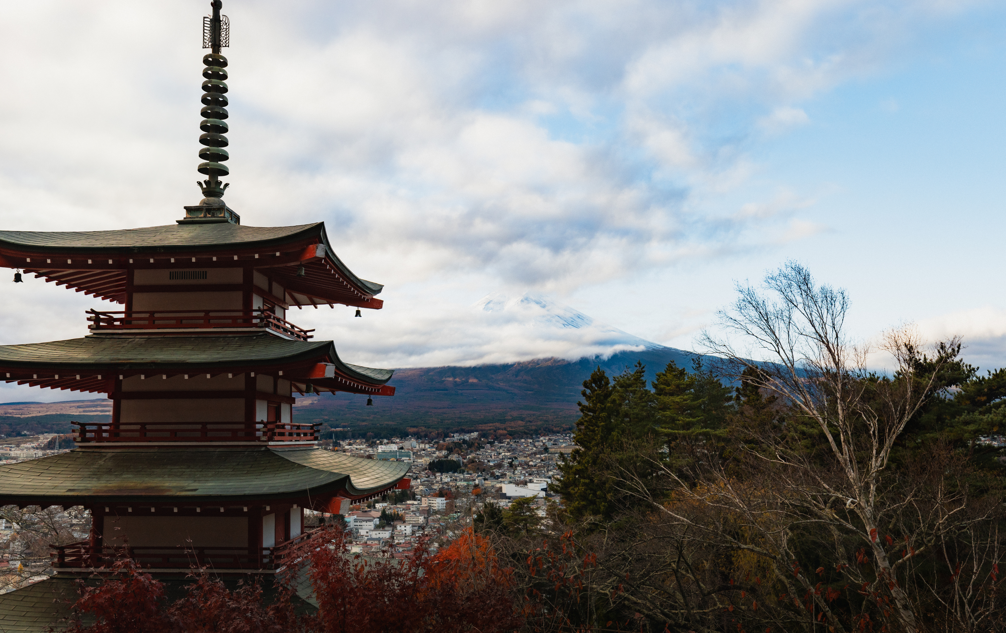 Sunrise at Chureito Pagoda with Mount Fuji in the background