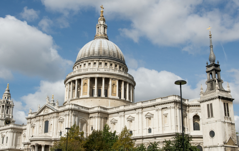 "Exterior of St. Paul’s Cathedral in London, featuring its iconic dome and neoclassical facade.