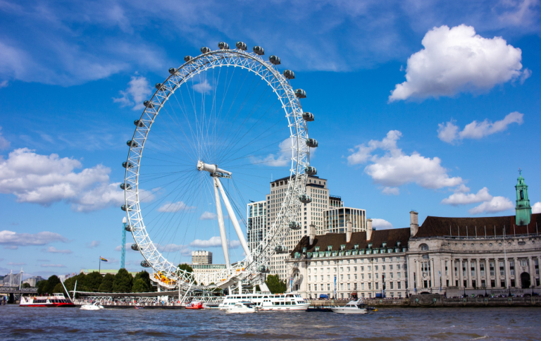 The London Eye towering over the Thames River, an iconic view of the capital