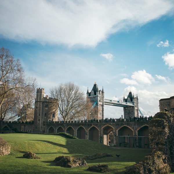 The view of Tower Bridge as seen from the Tower of London grounds.