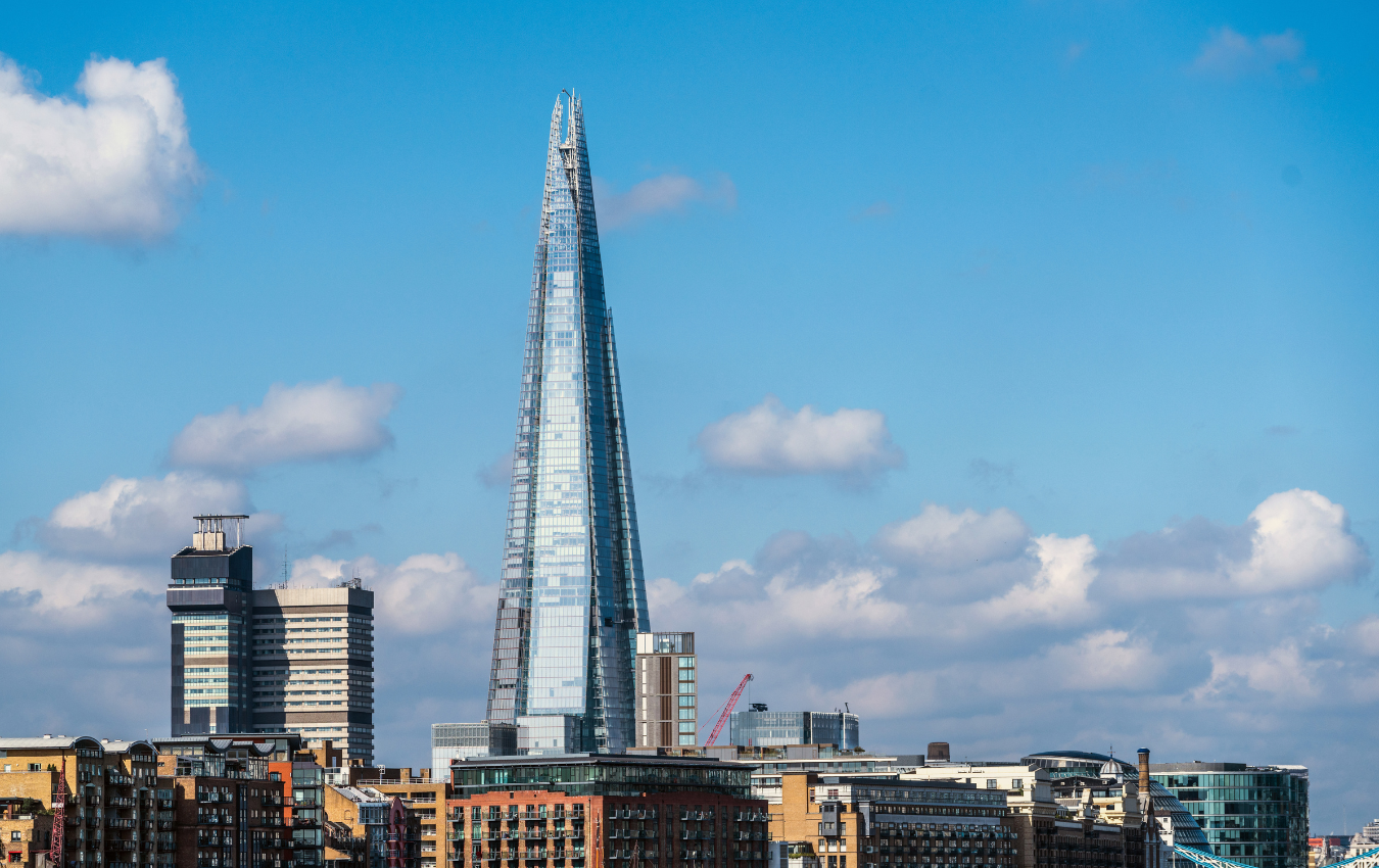 The Shard towering over the London skyline, showcasing its modern architectural design.