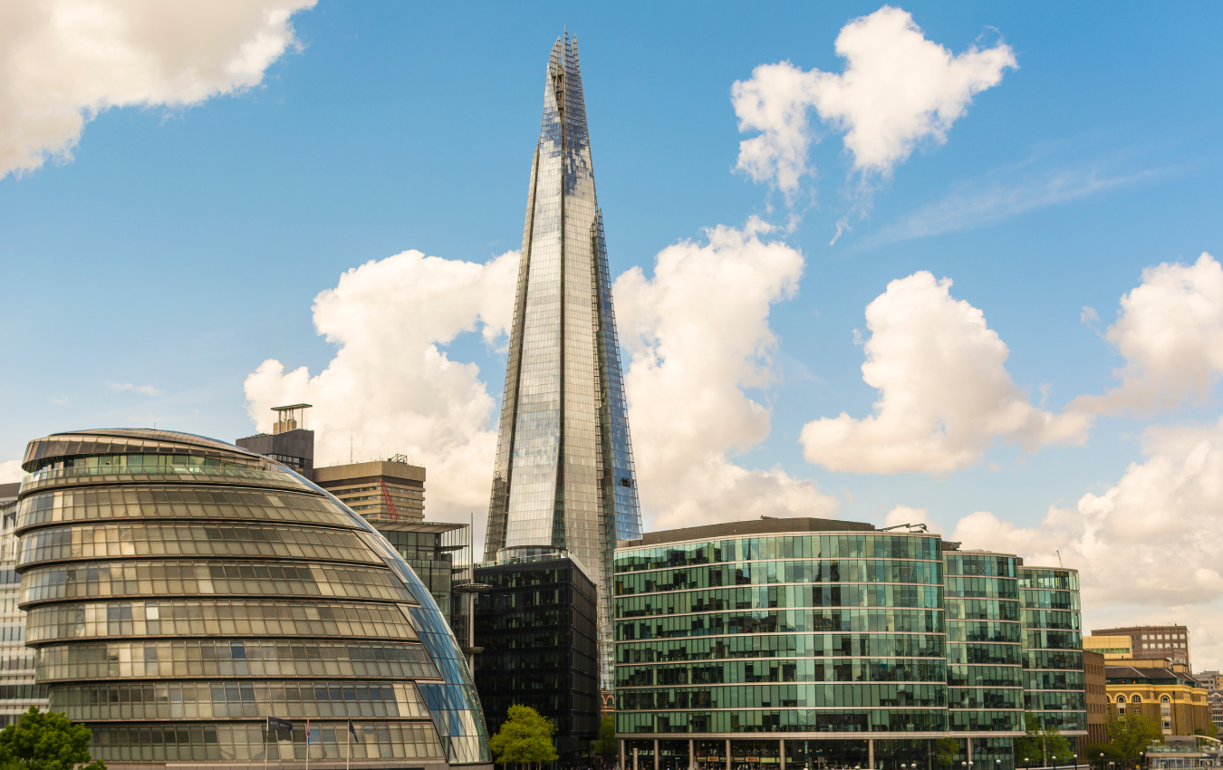 The Shard towering over the London skyline, showcasing its modern architectural design.