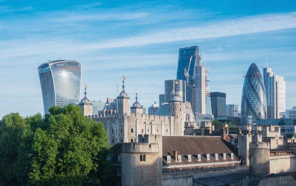 Panoramic view of London’s landmarks, including The Shard and the River Thames, and Sky Garden