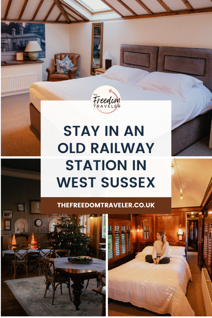Pin graphic reading Stay in an Old Railway Station in West Sussex