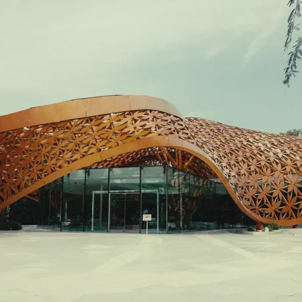 Golden lattice roof of the Butterfly House building on Al Noor Island, Sharjah