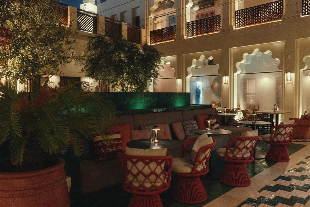 Courtyard of Bait Elowal restaurant lit up at night in the Heart of Sharjah
