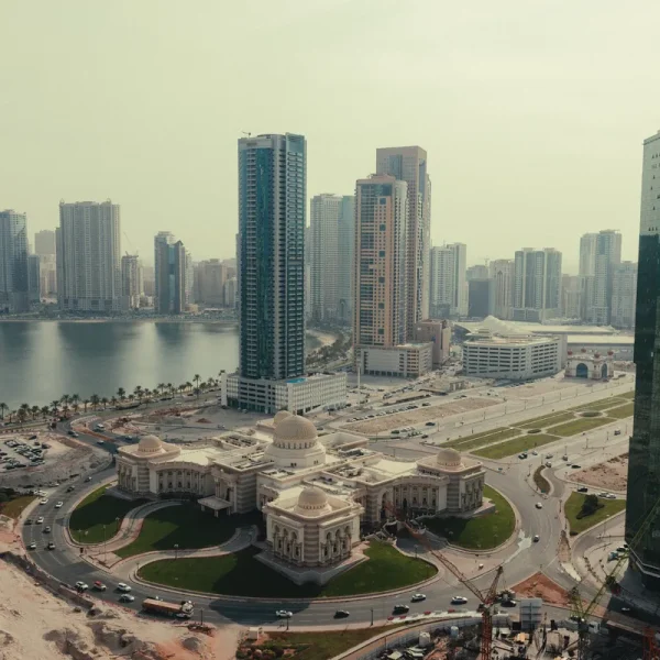 View over the Sharjah skyline and lagoon from Baitna Café on the 30th floor