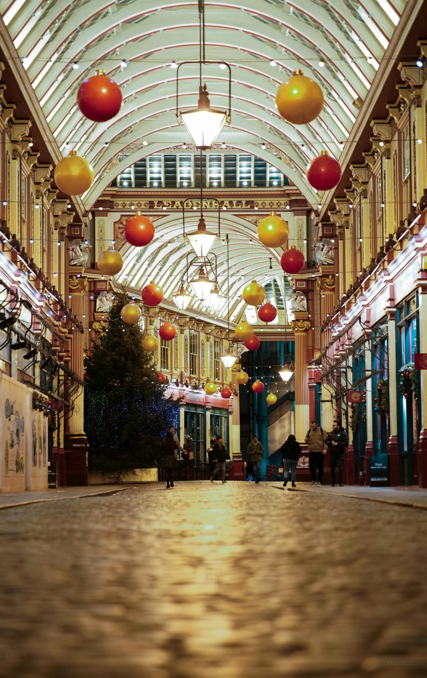 Victorian Christmas tree and festive lights at Leadenhall Market, London 2024